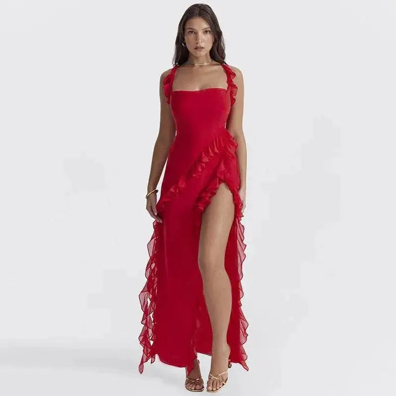 Giyu Chic Red Black Ruffle Dress Elegant Summer Gown