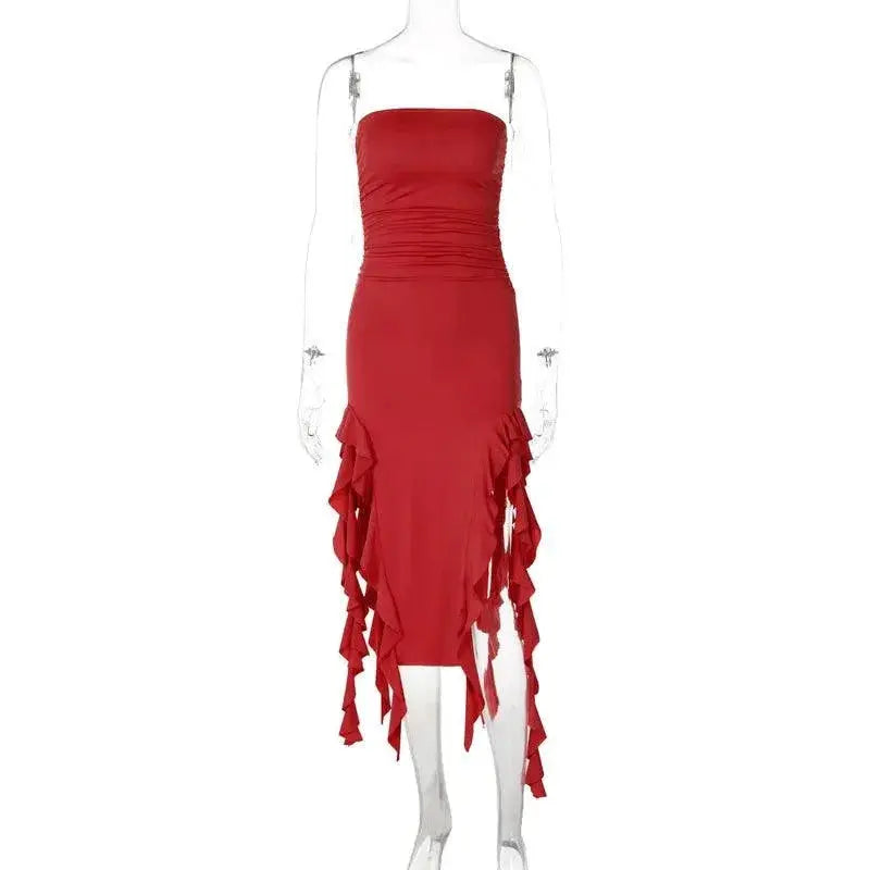 Giyu Chic Red Black Ruffle Dress Elegant Summer Gown