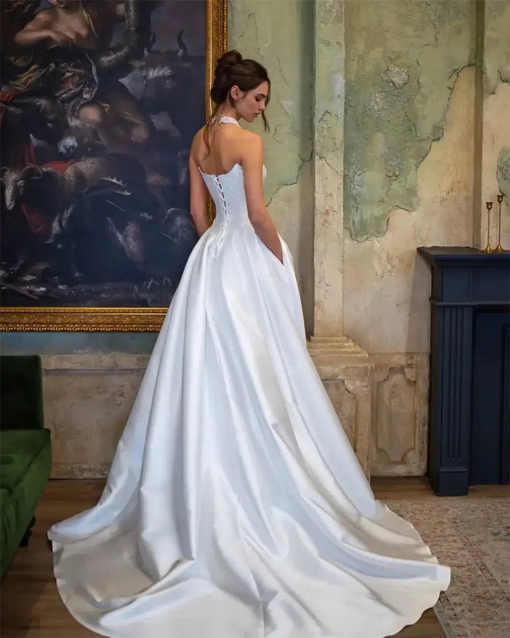 Glam Satin Strapless A Line Wedding Dress With Backless Corset Bodice Bra