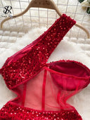 Glamorous Mesh Sequins Midi Dress Elegant Bodycon Fashion Style