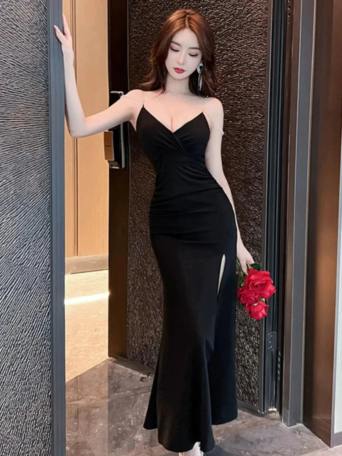 Glamorous V Neck Evening Gown Elegant Backless Sling Dress