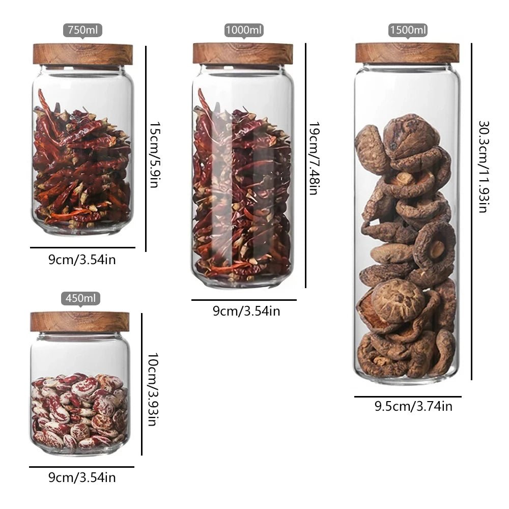 Glass Airtight Canister Set With Wood Lid For Kitchen Storage Bottles Jars Clear
