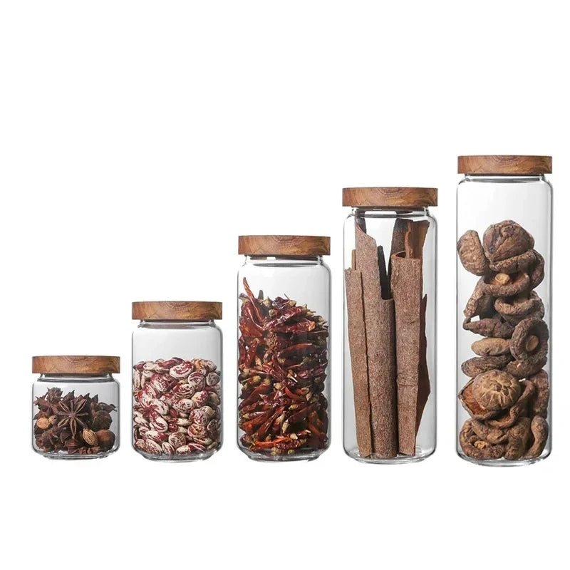 Glass Airtight Canister Set With Wood Lid For Kitchen Storage Bottles Jars Clear