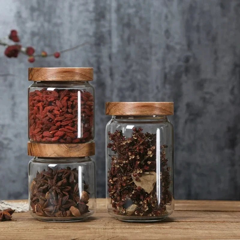 Glass Airtight Canister Set With Wood Lid For Kitchen Storage Bottles Jars Clear