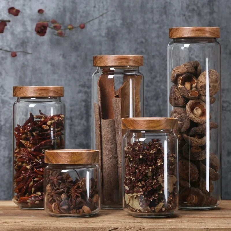Glass Airtight Canister Set With Wood Lid For Kitchen Storage Bottles Jars Clear