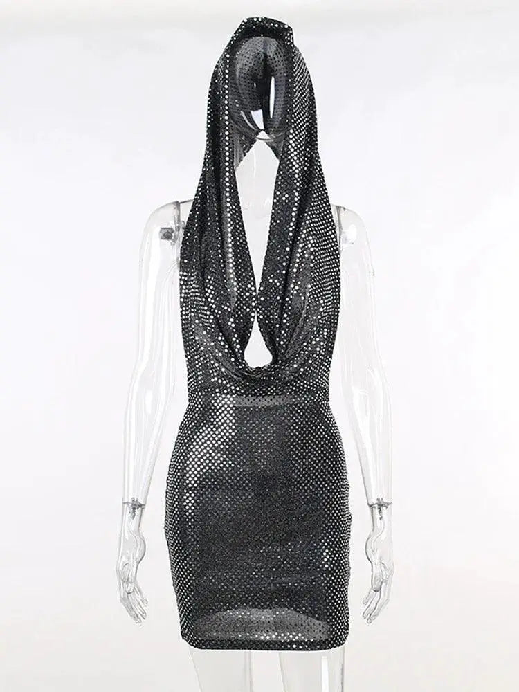 Glittering Trash Style Halter Dress Night Out Glam Fit