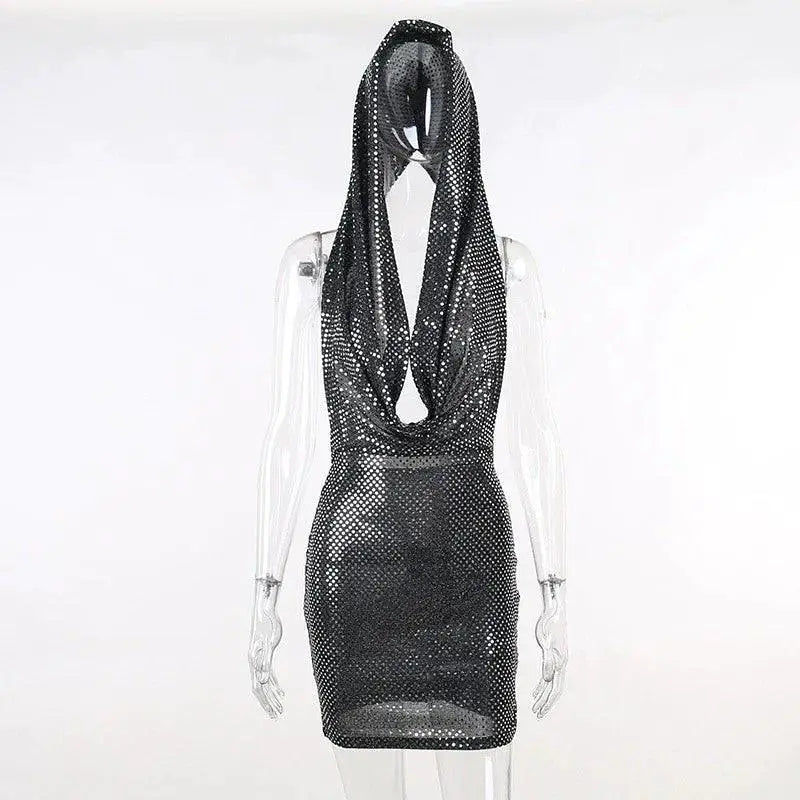 Glittering Trash Style Halter Dress Night Out Glam Fit