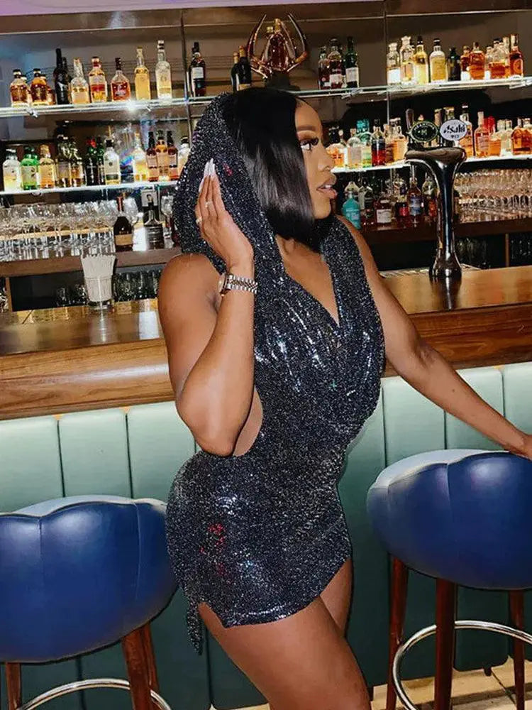 Glittering Trash Style Halter Dress Night Out Glam Fit