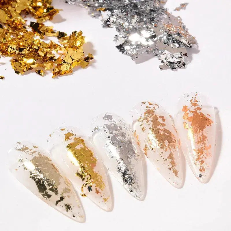 Golden Metallic Nail Art Foil Flakes Kit for DIY Nails