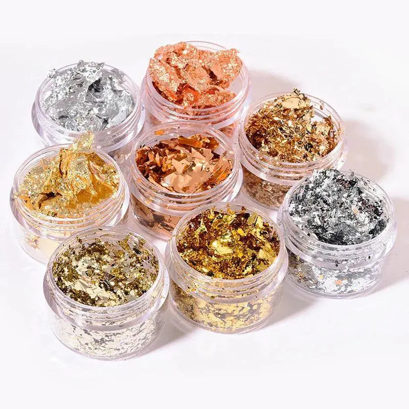 Golden Metallic Nail Art Foil Flakes Kit for DIY Nails