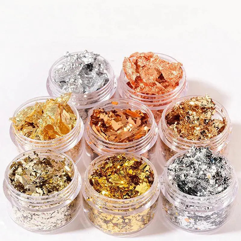 Golden Metallic Nail Art Foil Flakes Kit for DIY Nails