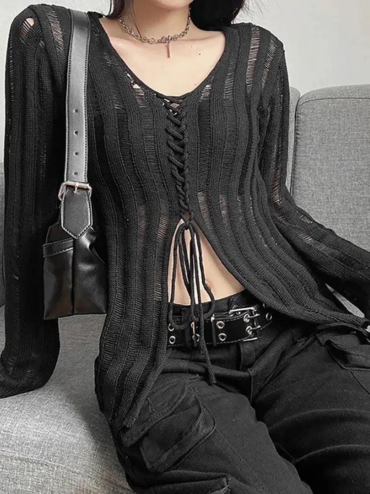 Goth Bandage Blouse Grunge Black Sexy Streetwear For Women