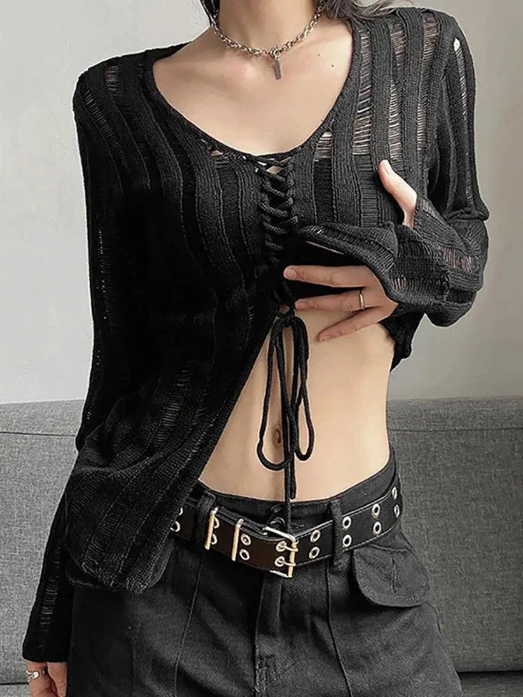 Goth Bandage Blouse Grunge Black Sexy Streetwear For Women