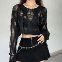 Gothic Black Hollow Knit Blouse Sexy Women Summer Top