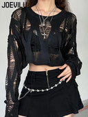 Gothic Black Hollow Knit Blouse Sexy Women Summer Top