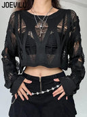 Gothic Black Hollow Knit Blouse Sexy Women Summer Top