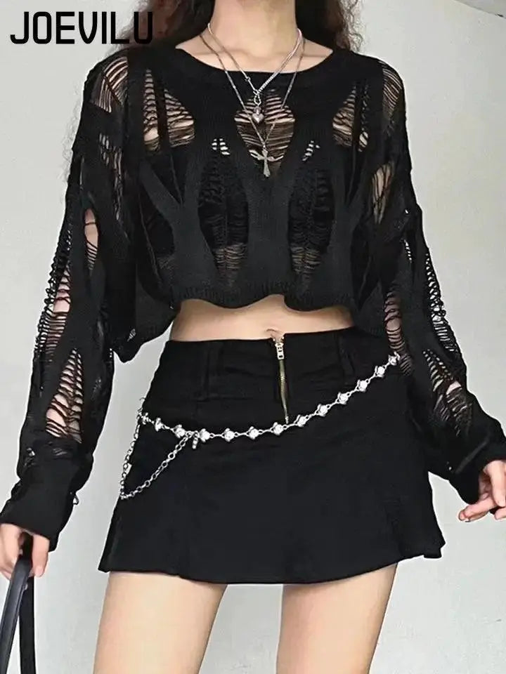 Gothic Black Hollow Knit Blouse Sexy Women Summer Top