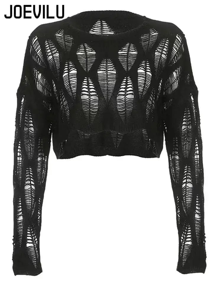 Gothic Black Hollow Knit Blouse Sexy Women Summer Top