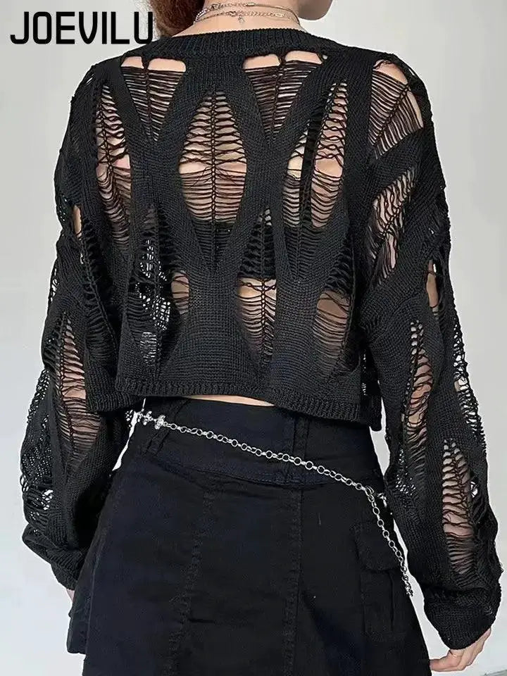Gothic Black Hollow Knit Blouse Sexy Women Summer Top