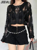 Gothic Black Hollow Knit Blouse Sexy Women Summer Top