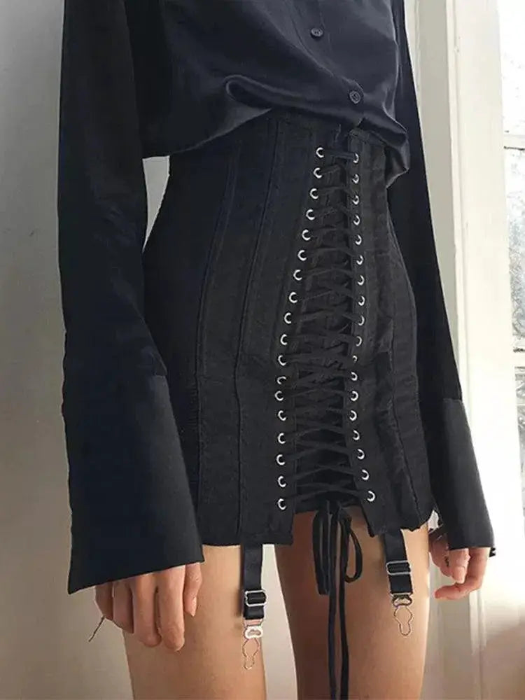 Gothic Patchwork Vintage High Waist Mini Skirt With Lace Up - OurLum.com