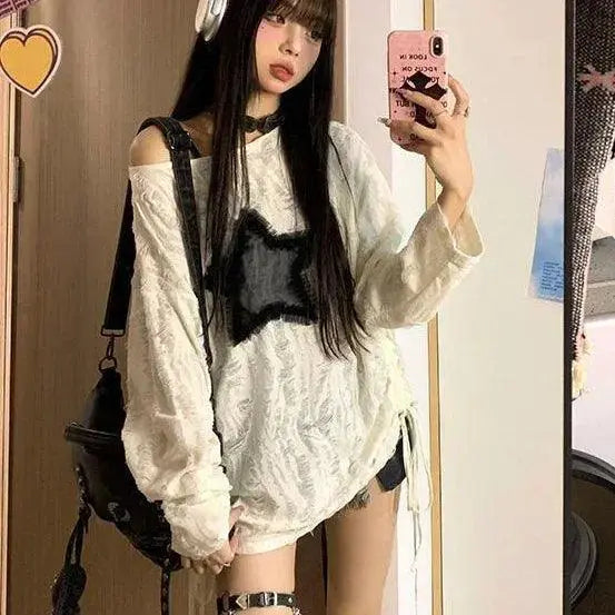 Grunge Star Print Tee Edgy Y2K Streetwear For Women
