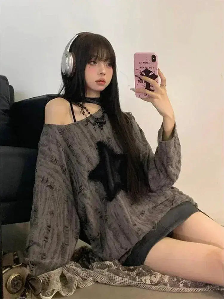 Grunge Star Print Tee Edgy Y2K Streetwear For Women