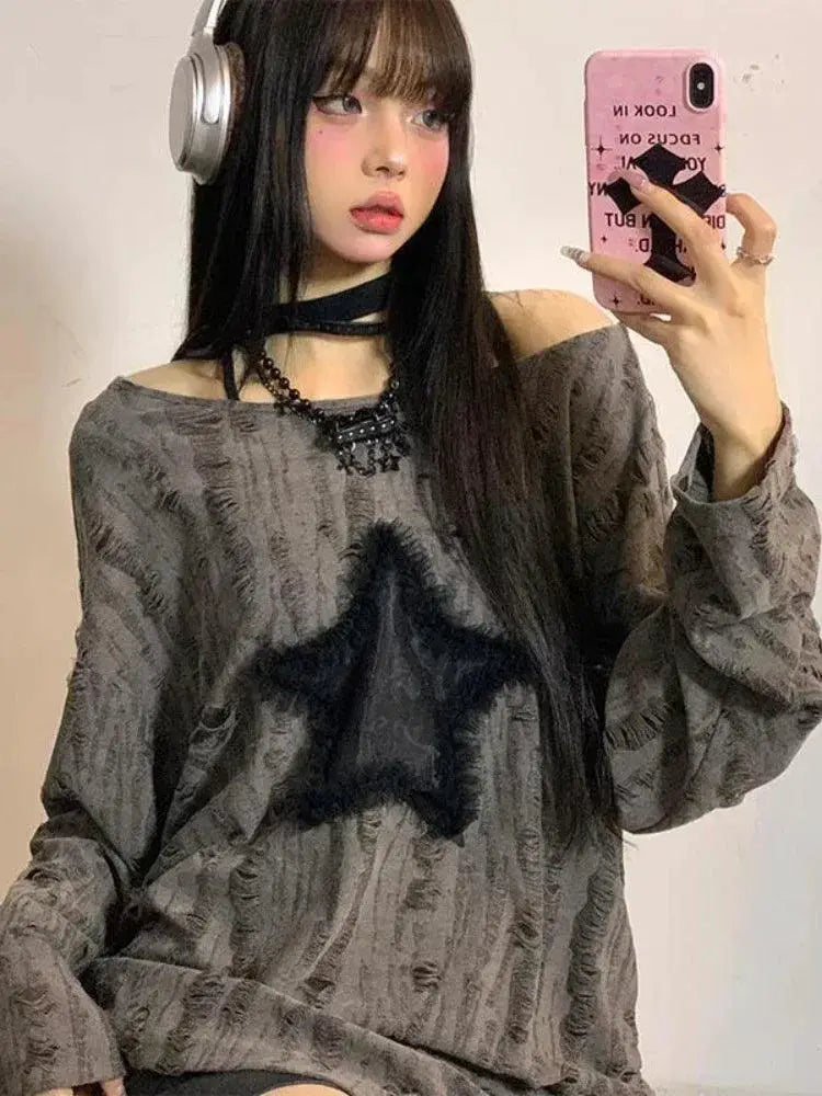 Grunge Star Print Tee Edgy Y2K Streetwear For Women