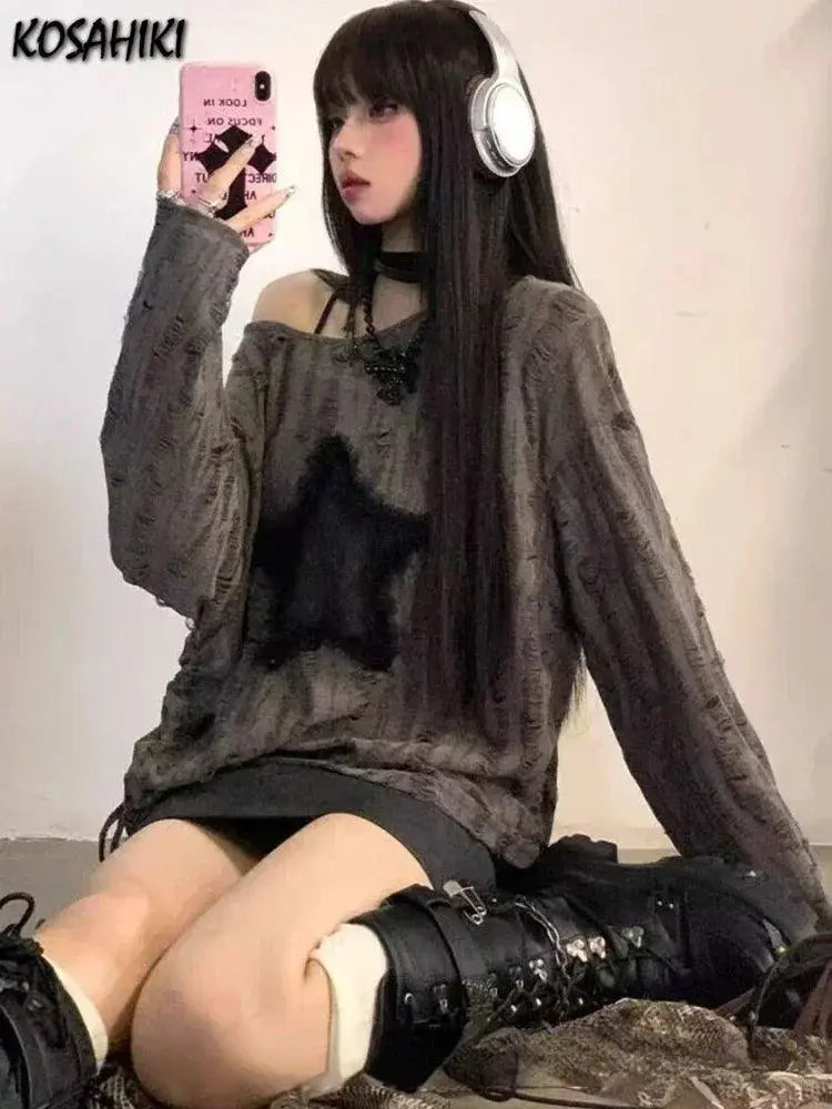 Grunge Star Print Tee Edgy Y2K Streetwear For Women