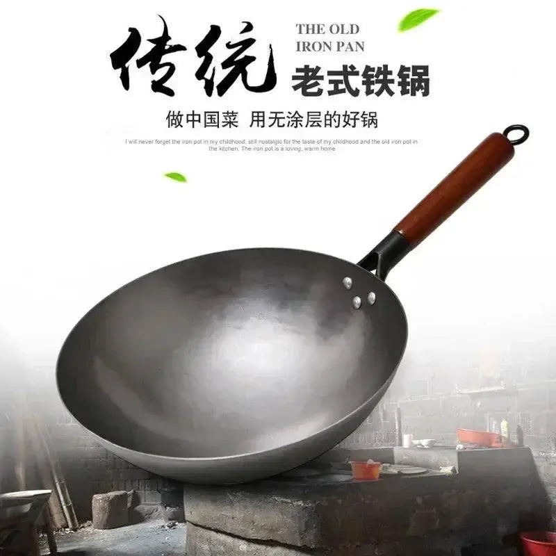 Handmade Traditional Chinese Iron Wok With Wooden Handle