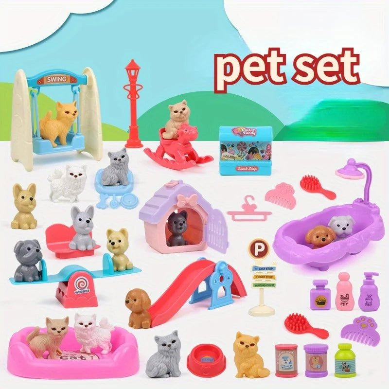 HappyPaws Cute Dog Pet Basket Family Toys Set - Imaginative Plays Festive Scenes.