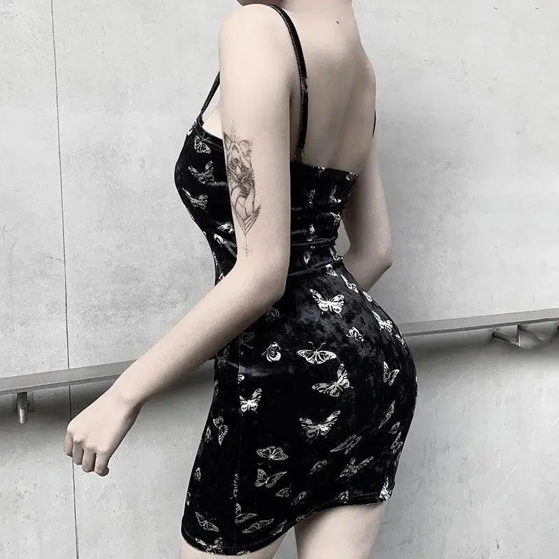 Harajuku Gothic Black Spaghetti Strap Backless Dress