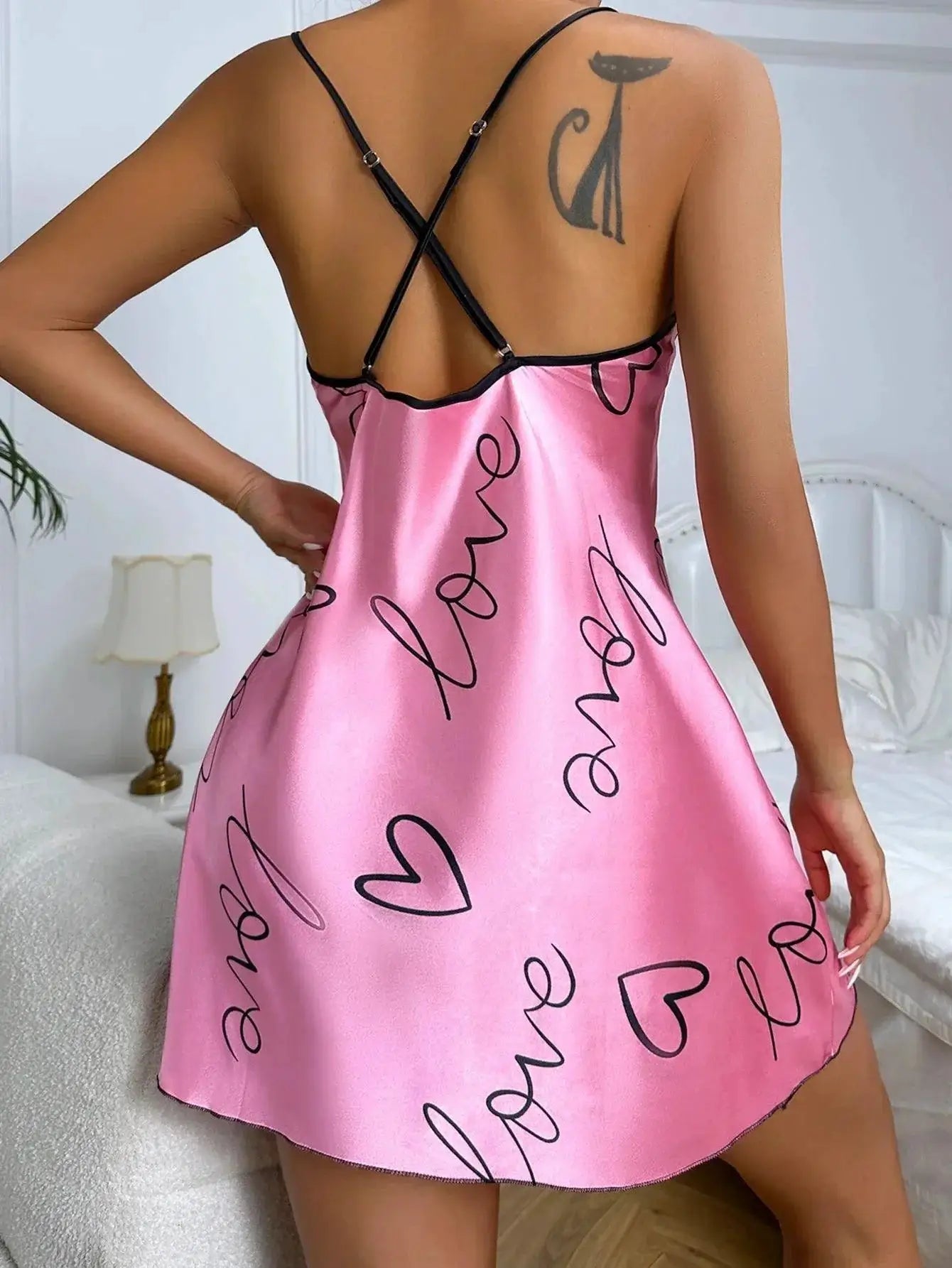 Heart Print Nightdress Criss Cross Back Sleepwear For Women