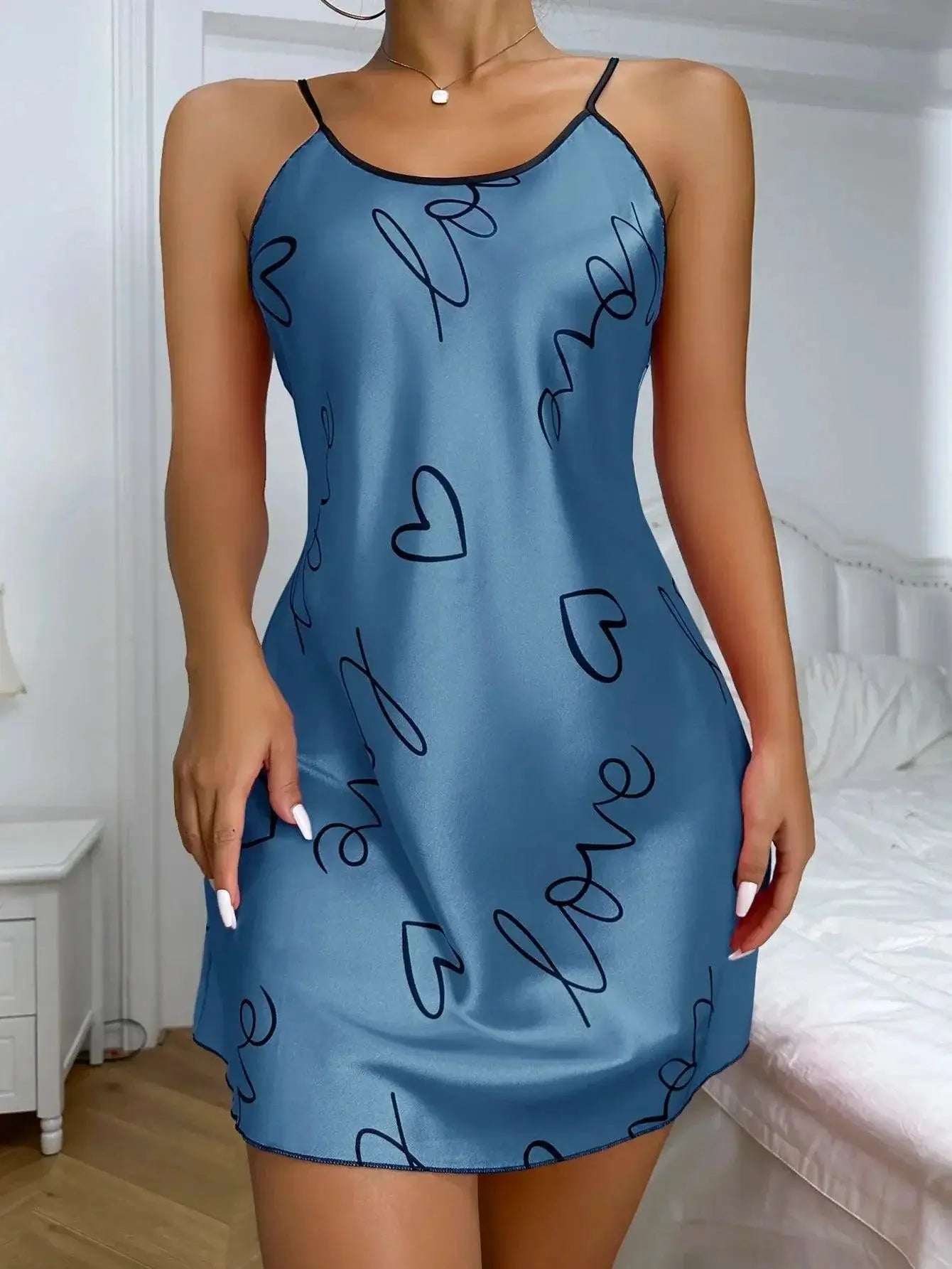 Heart Print Nightdress Criss Cross Back Sleepwear For Women