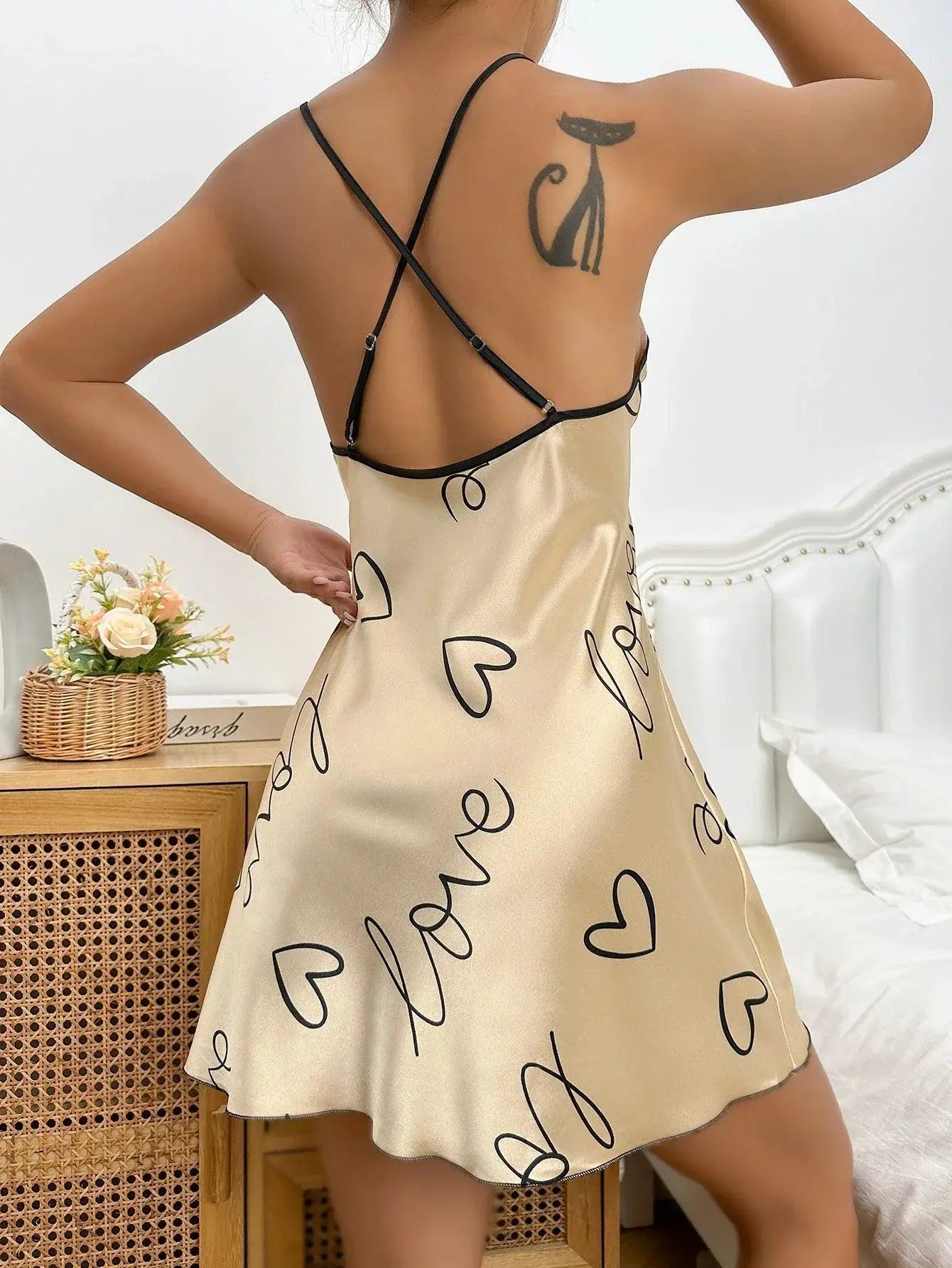 Heart Print Nightdress Criss Cross Back Sleepwear For Women