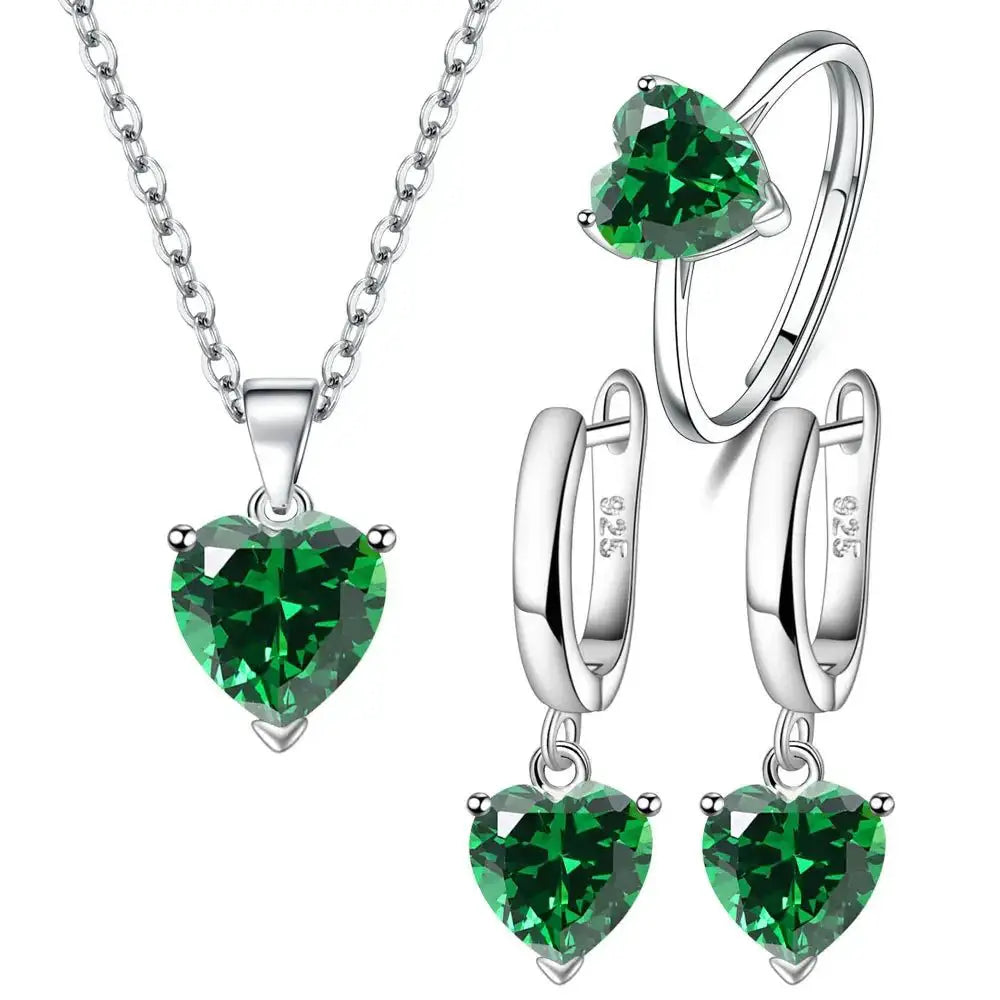Heart Zircon 925 Silver Jewelry Set Necklace Ring Earrings