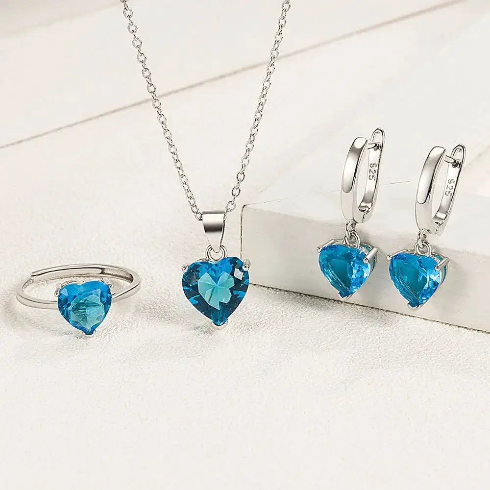 Heart Zircon 925 Silver Jewelry Set Necklace Ring Earrings