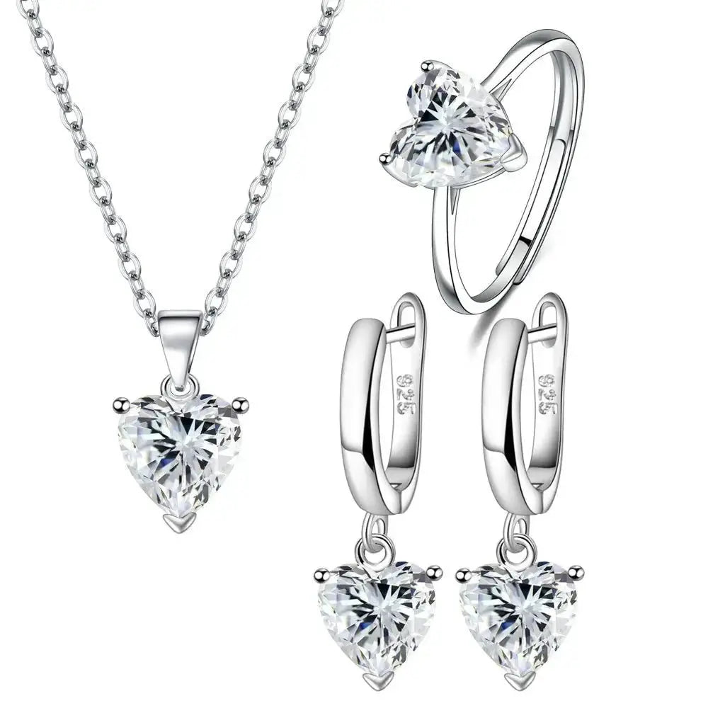 Heart Zircon 925 Silver Jewelry Set Necklace Ring Earrings