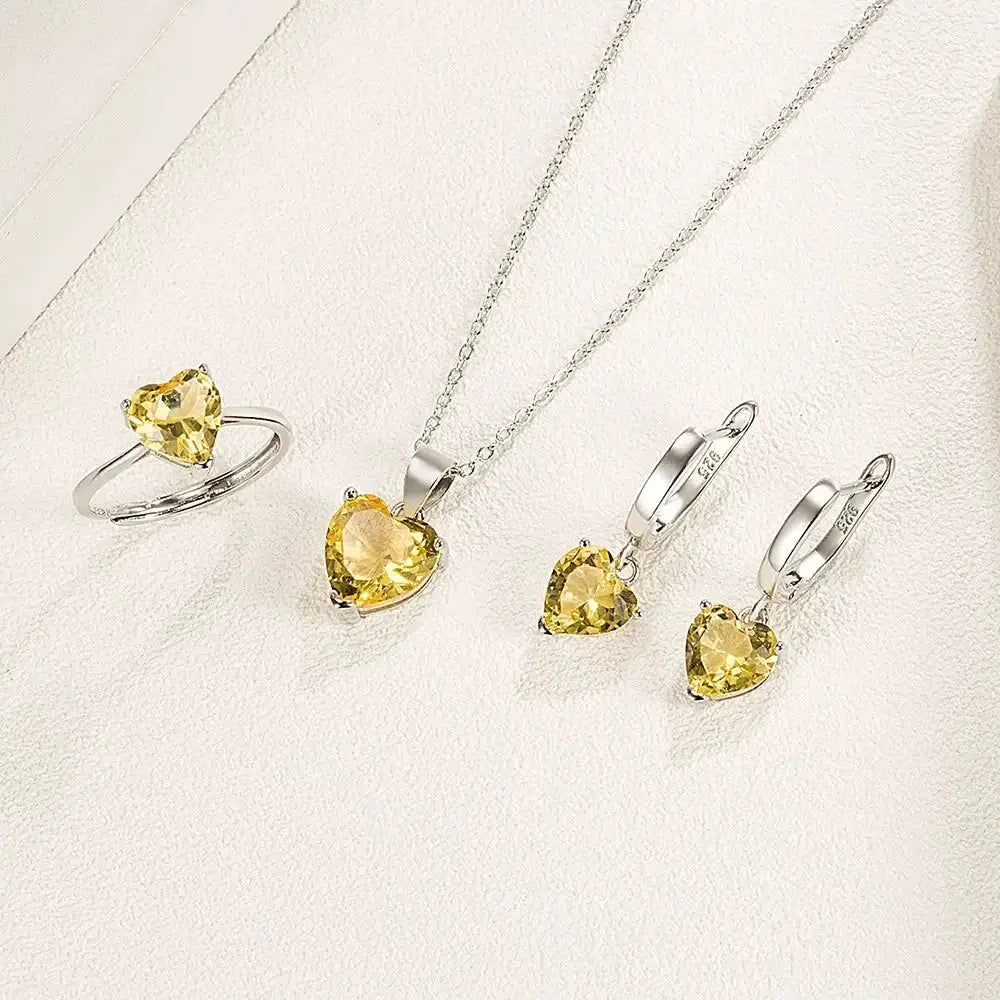Heart Zircon 925 Silver Jewelry Set Necklace Ring Earrings