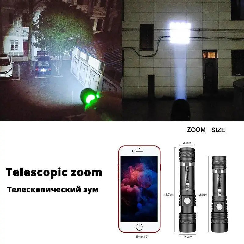 High Power LED Flashlight Zoomable Torch USB Charging