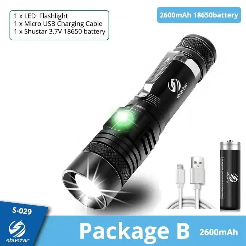 High Power LED Flashlight Zoomable Torch USB Charging