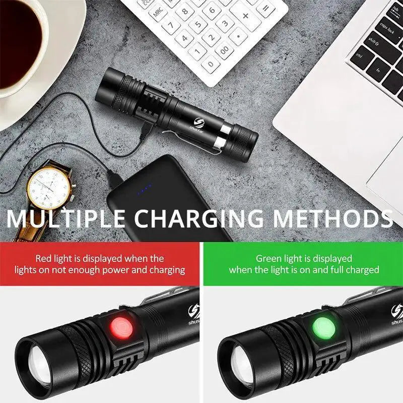 High Power LED Flashlight Zoomable Torch USB Charging