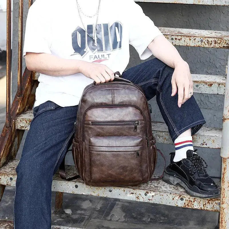 USB Charging Backpack For Men PU Leather Laptop Daypack