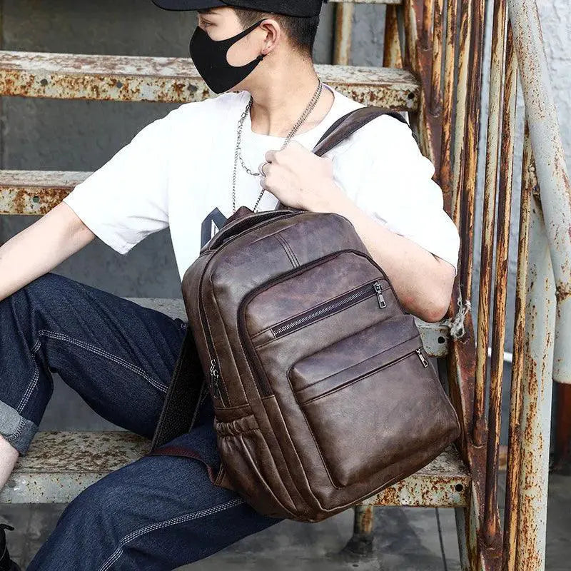 USB Charging Backpack For Men PU Leather Laptop Daypack