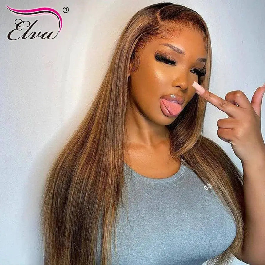 Highlighted Brown Ombre Straight Lace Front Wig Remy Hair