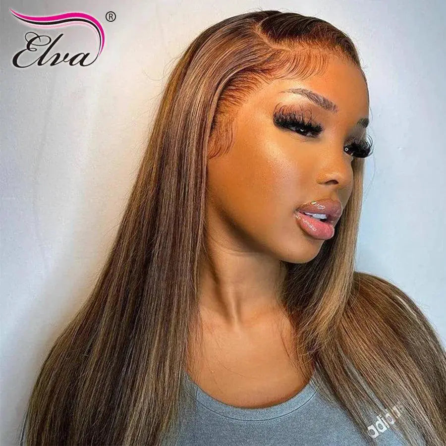 Highlighted Brown Ombre Straight Lace Front Wig Remy Hair