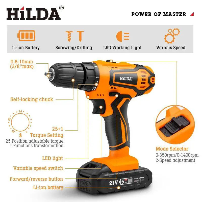 HILDA Cordless Drill 12V 16V 20V Mini Power Driver