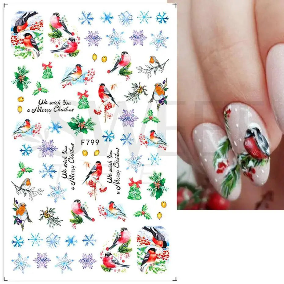 Holiday Nail Art Stickers Snowflakes Holly Santa Bird