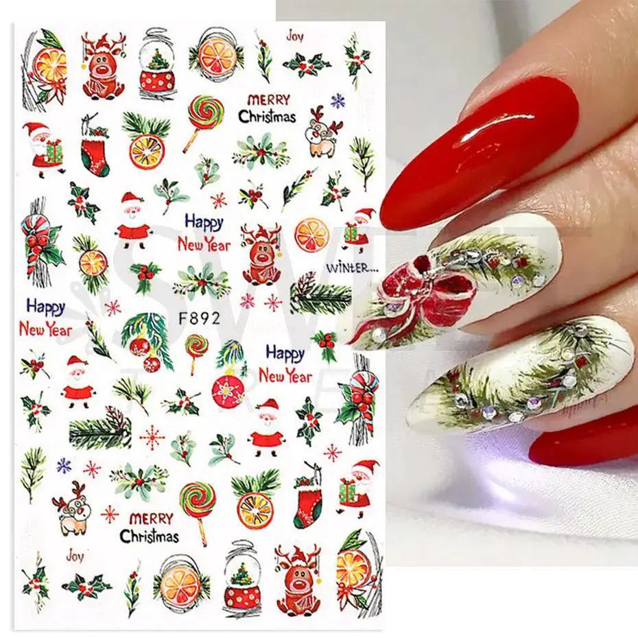 Holiday Nail Art Stickers Snowflakes Holly Santa Bird