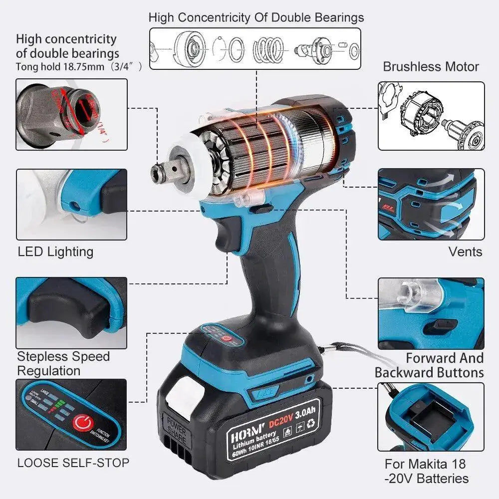 Hormy Half Inch Brushless Impact Wrench 520Nm Cordless